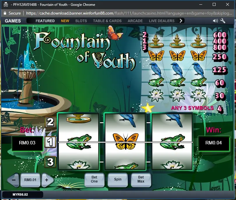 Fountain of Youth symbols lined up on a winning payline