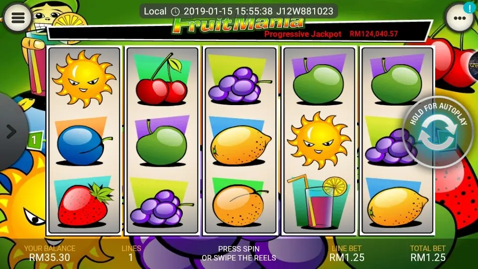 Fruit Mania slot reels with fruit symbols and a cocktail glass