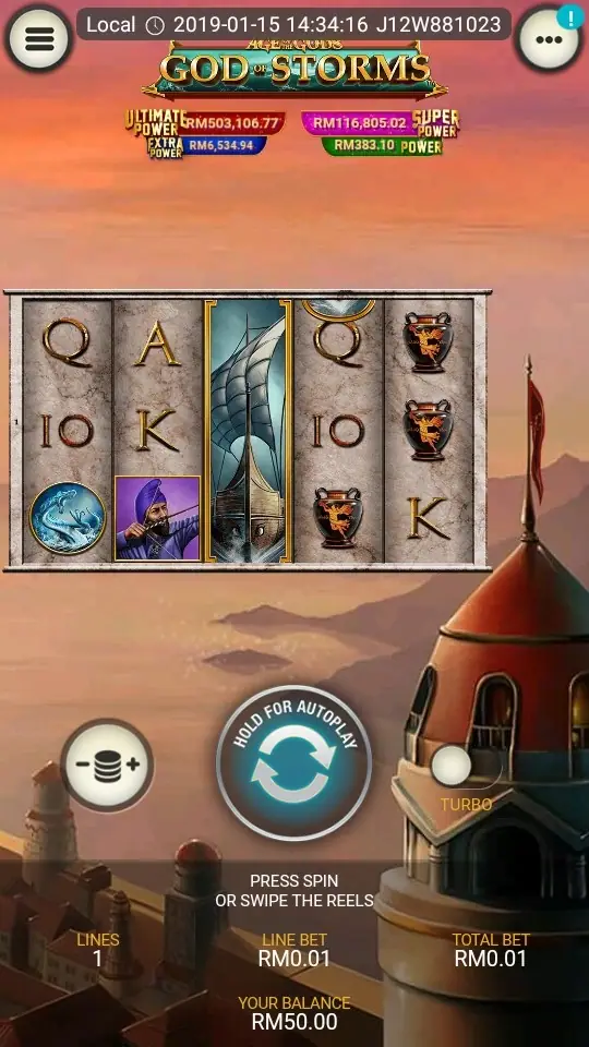 God of Storm slot with warriors and a stormy sea behind the reels