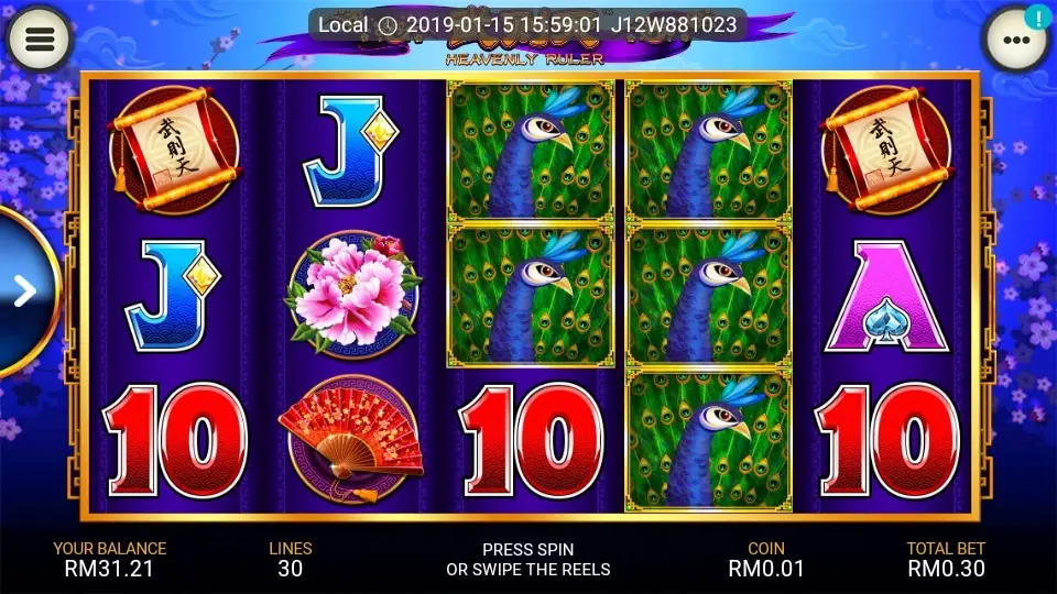 Heavenly Ruler paytable showing coin values for two to five symbols