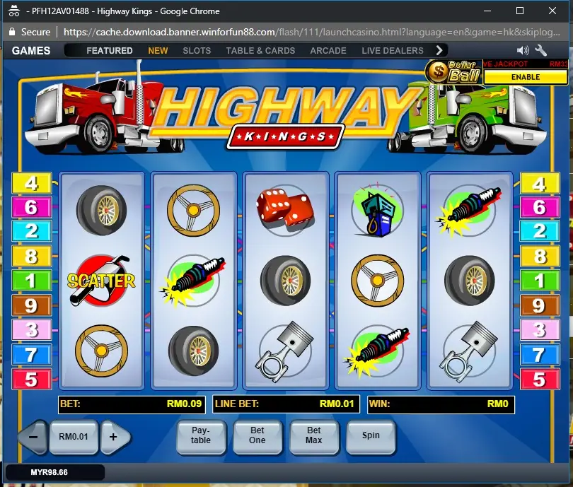 Highway Kings slot title screen with big rigs parked on a desert highway