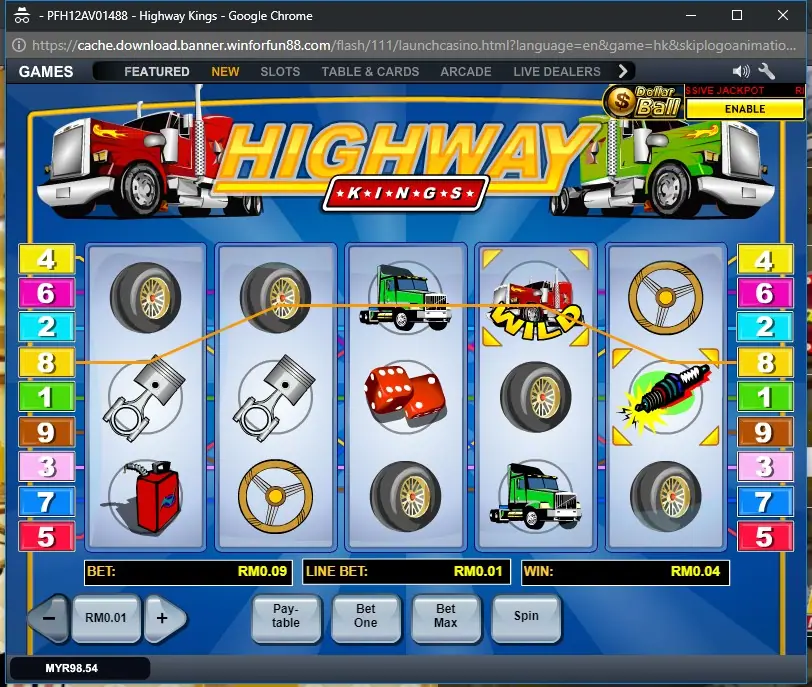 Paytable screen for Highway Kings listing the truck symbol values