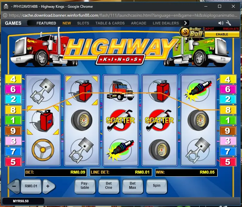 Highway Kings winning line highlighted across the reels