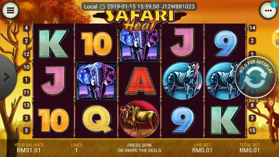 Safari Heat reels showing the safari animal symbols and 15 paylines
