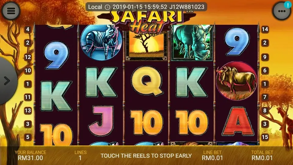 Safari Heat bet panel with coin value and lines selectors