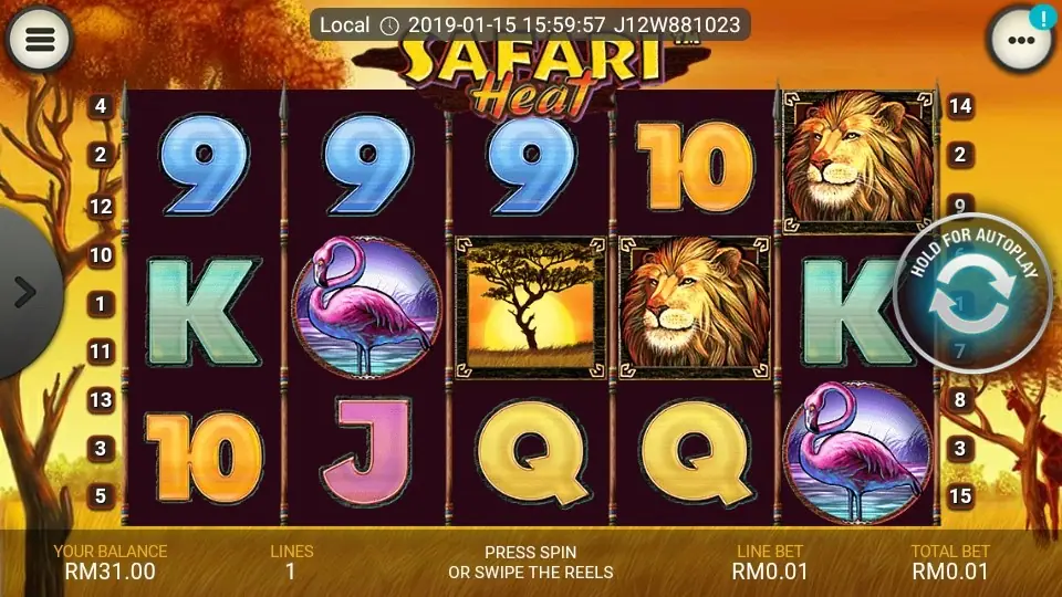 Autostart and Bet Max buttons below the Safari Heat reels