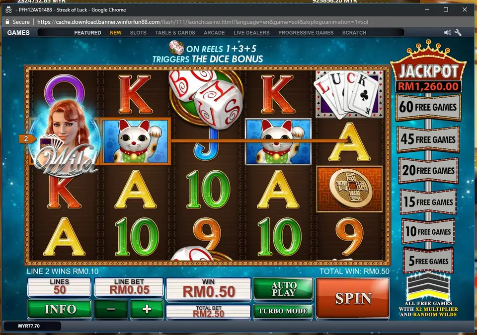 Streak of Luck Dice Bonus screen with dice showing 7s