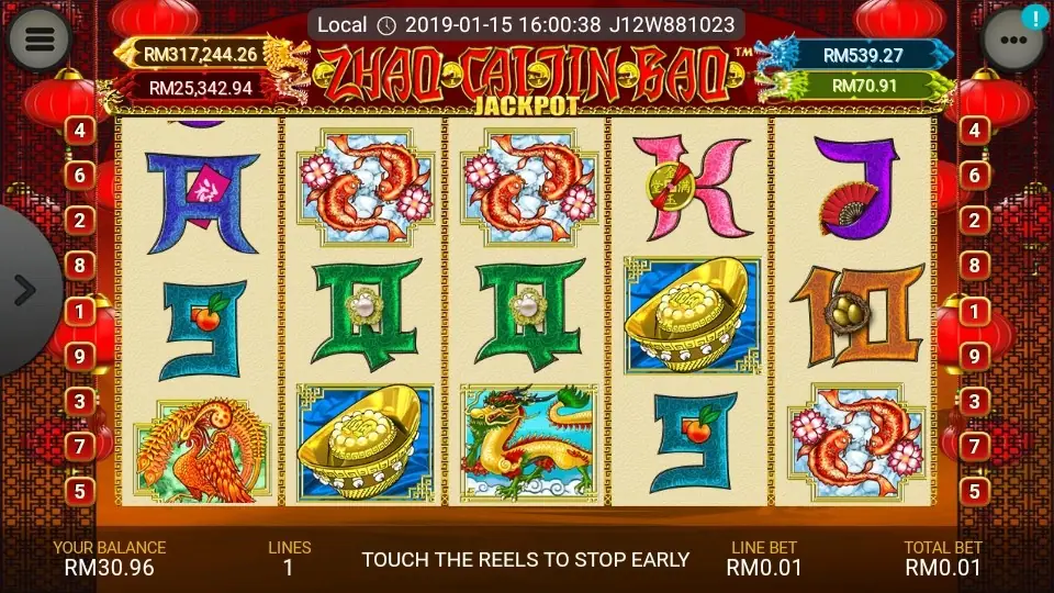 Five-reel, three-row grid of Zhao Cai Jin Bao Jackpot mid-spin