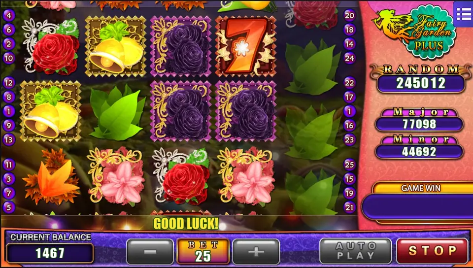 Fairy Garden PLUS paytable listing the garden scatter pays