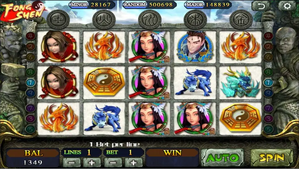 Fong Shen paytable showing 3, 4 and 5 symbol prizes