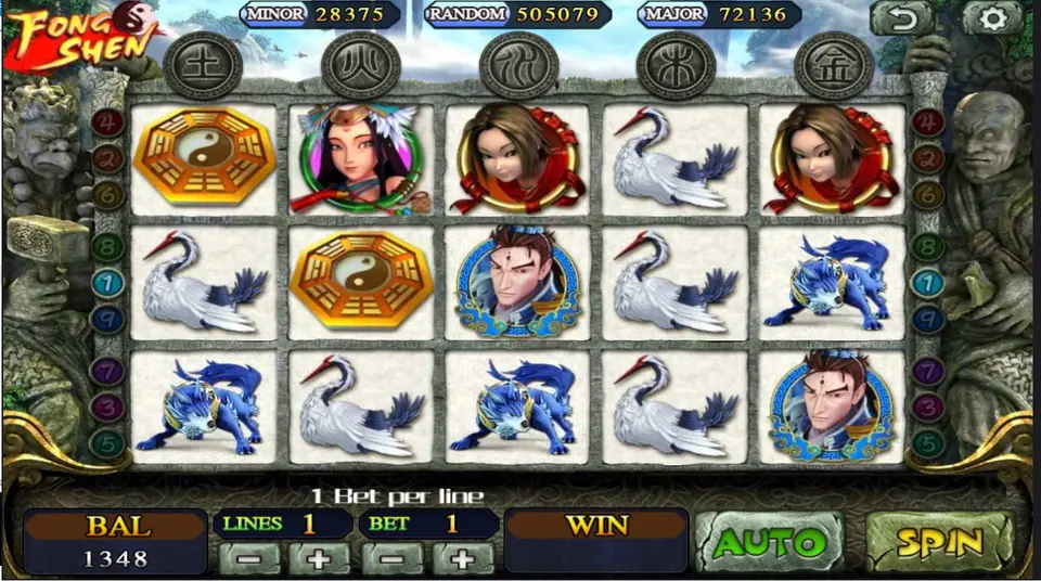Yin and yang wild symbol completing a line in Fong Shen