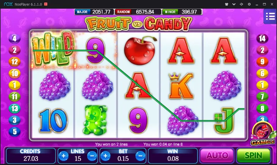 Fruit vs Candy paytable listing candy, fruit and card symbol prizes