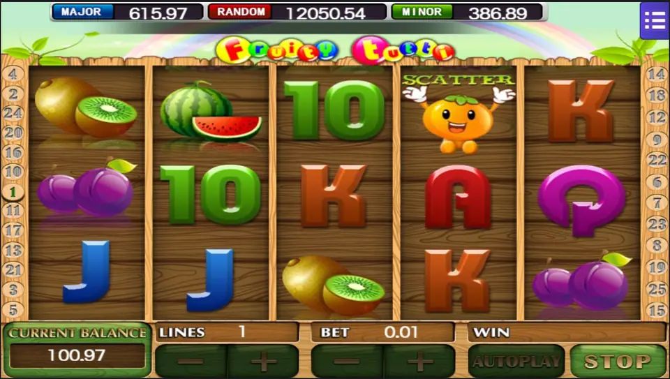 Fruit salad wild symbols lined up across the Fruity Tutti reels