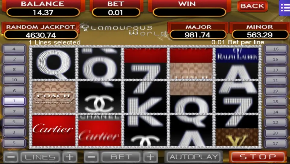Glamorous World paytable on Mega888 with wild and scatter listed first