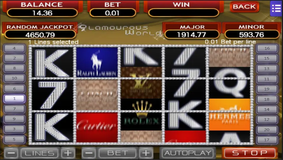 Regular symbol values in the Glamorous World paytable