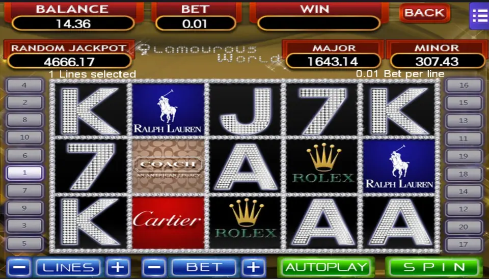Glamorous World reels with payline numbers shown at the side