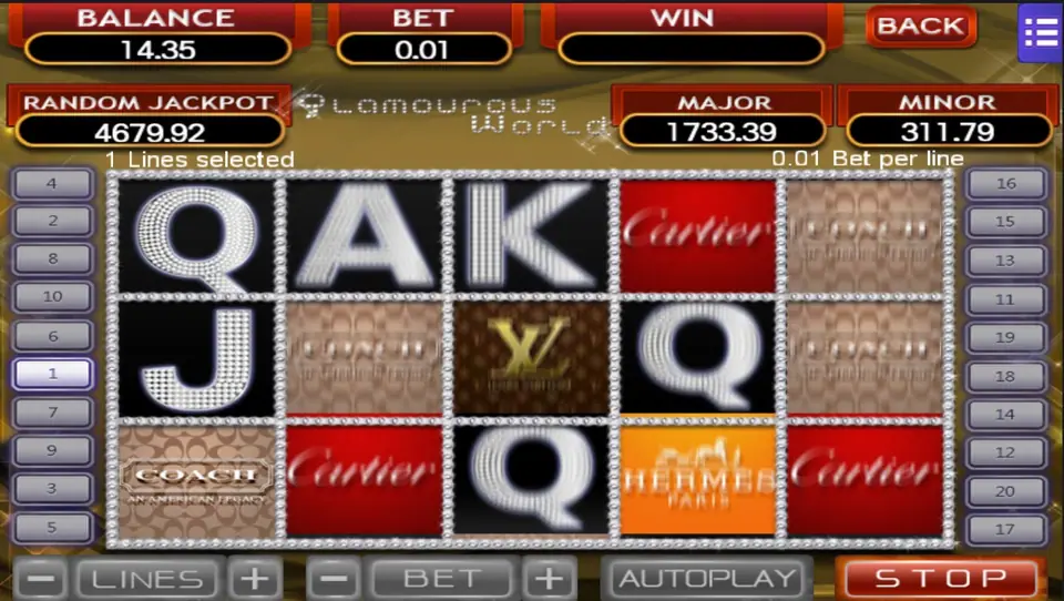 Glamorous World bet panel showing lines and stake per spin
