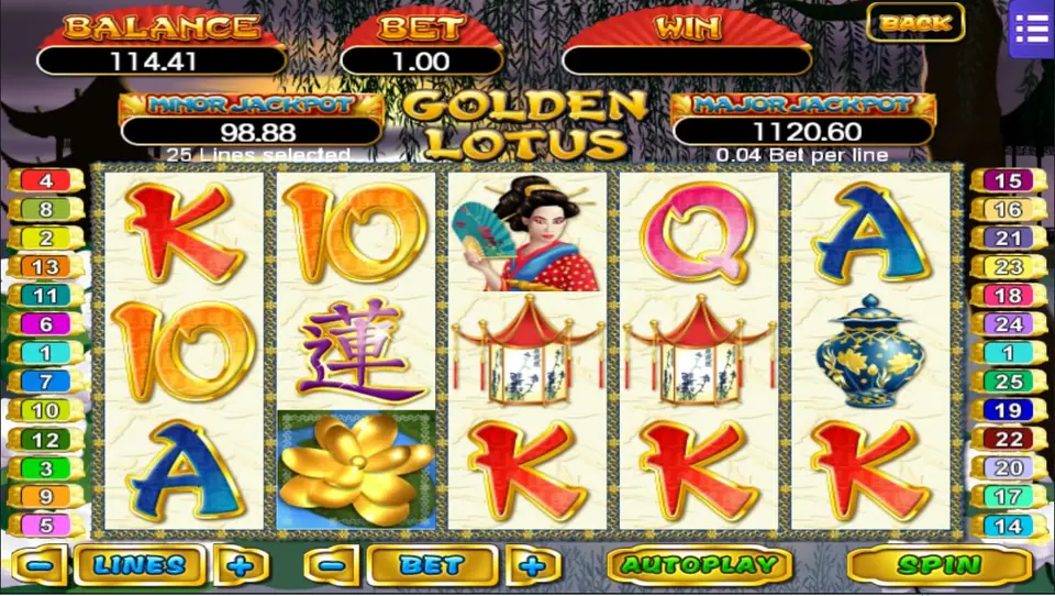 Golden Lotus slot on Mega888 with gold reels over a heavenly background