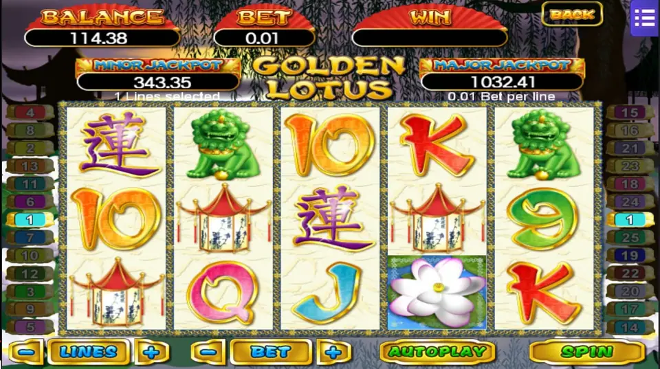 Golden Lotus paytable showing the lotus theme symbols and their values