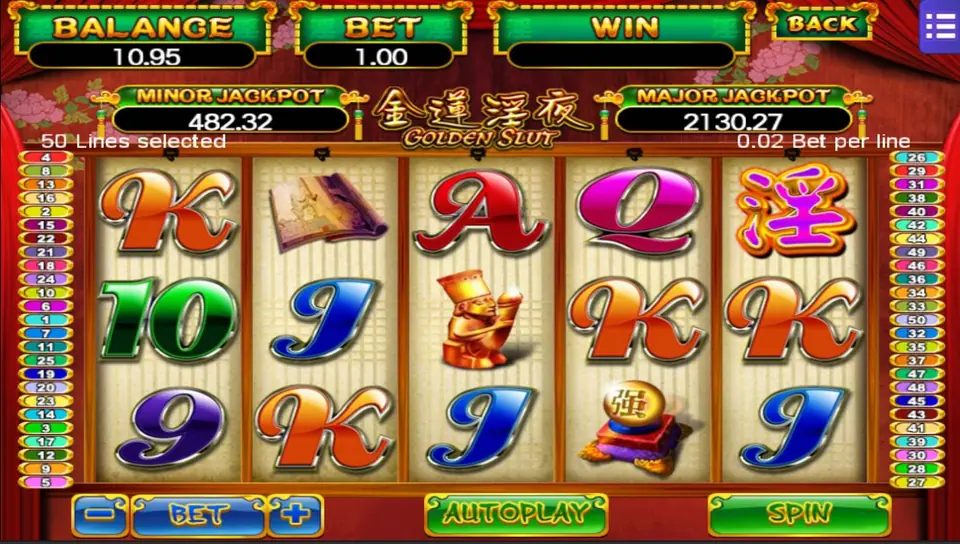 Golden Slut slot on Mega888 with glamour-styled character art beside the reels