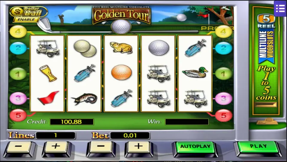 Golden Tour paytable listing the golf symbols