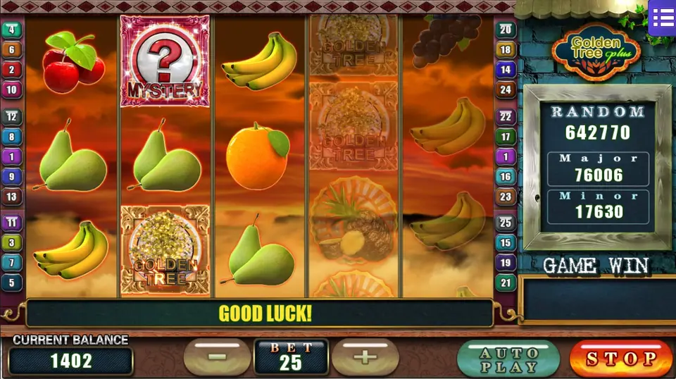 Golden Tree Plus button bar with Line Bet, Max Bet and Spin