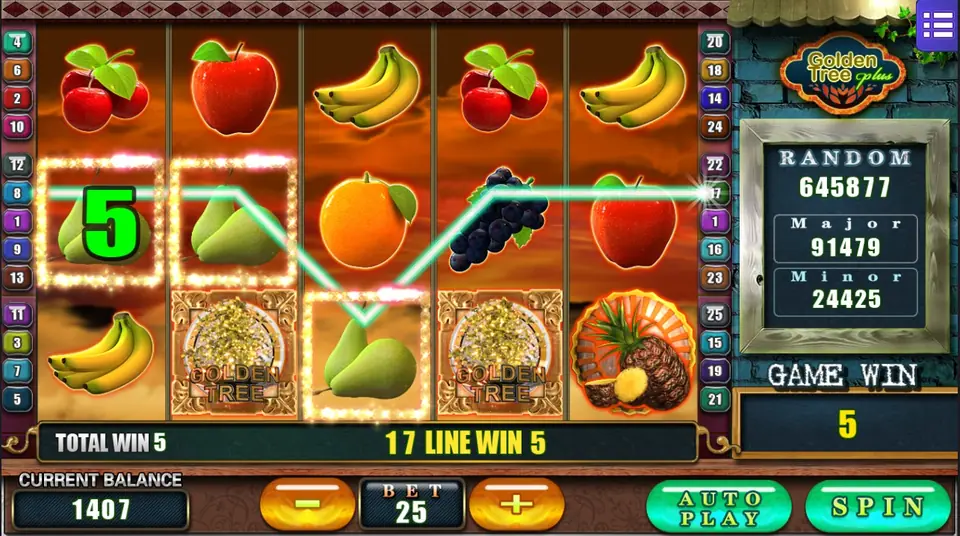 Golden Tree Plus win and total bet display after a spin