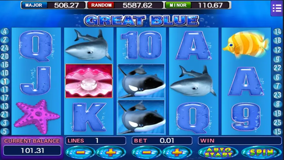 Great Blue paytable showing the 10,000 coin top prize