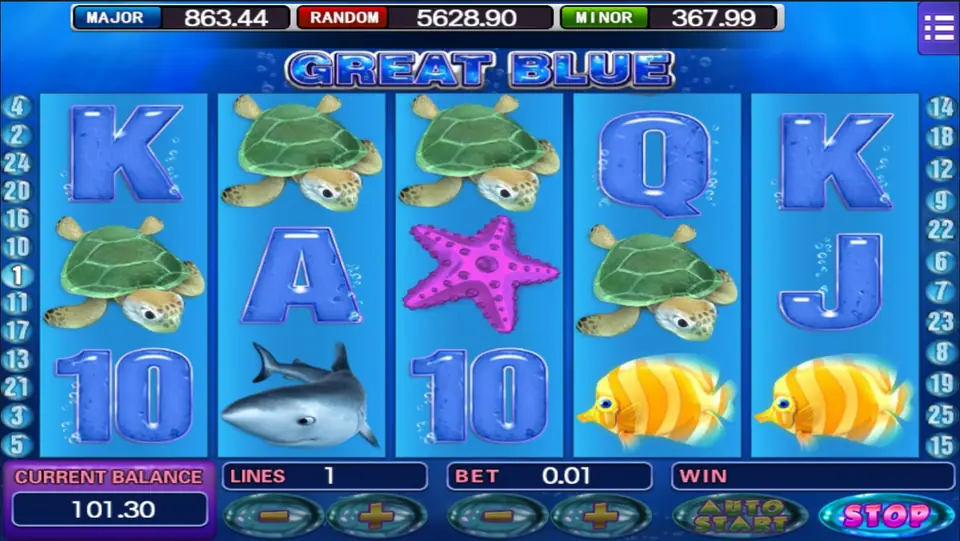 Great Blue bonus round with sea creatures on the reels
