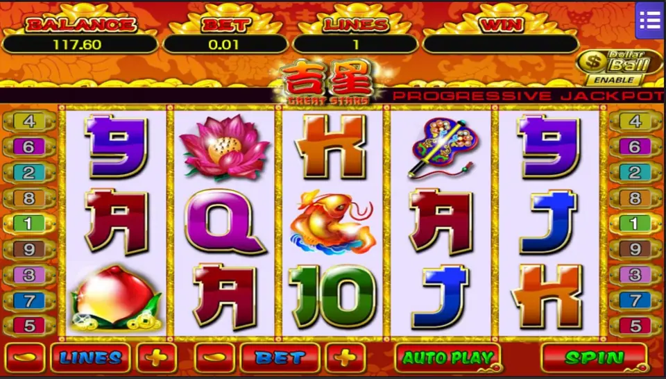 Five payline layout of the Great Star fruit slot