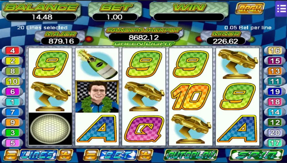 Green Light slot on Mega888 with racing cars and a chequered flag