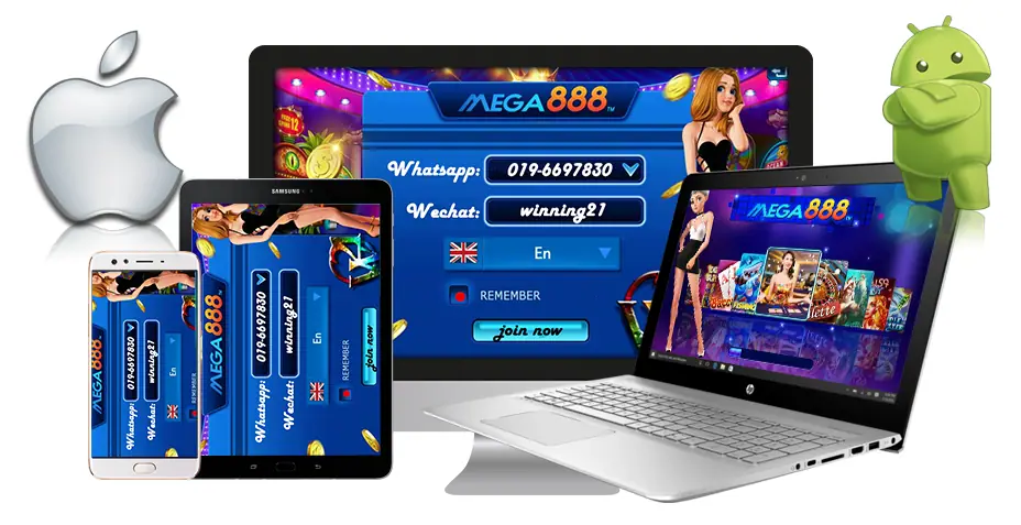 Mega888 app download screen shown on a smartphone