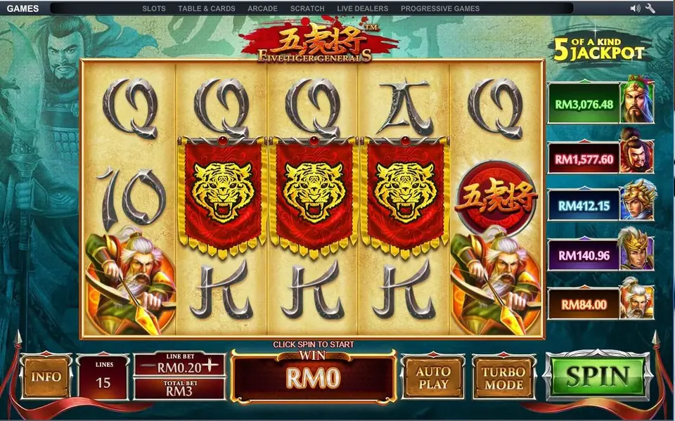 5 Tiger General slot reels with Chinese generals and a Tiger banner