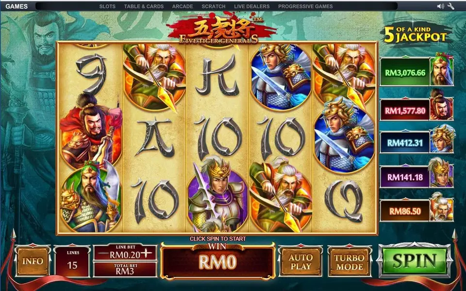 Tiger banner wild on the middle reels of 5 Tiger General