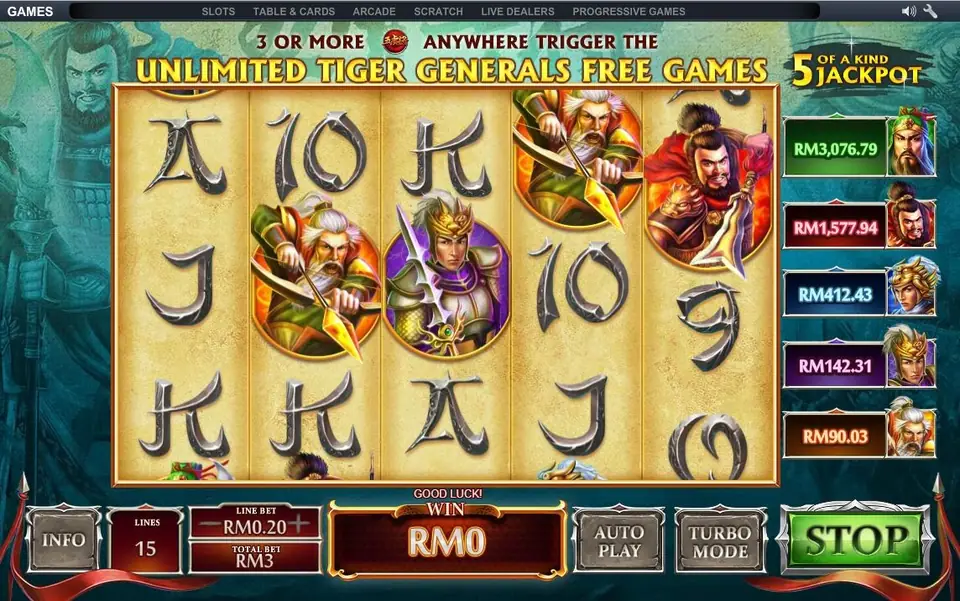 5 Tiger General paytable with the five general symbols