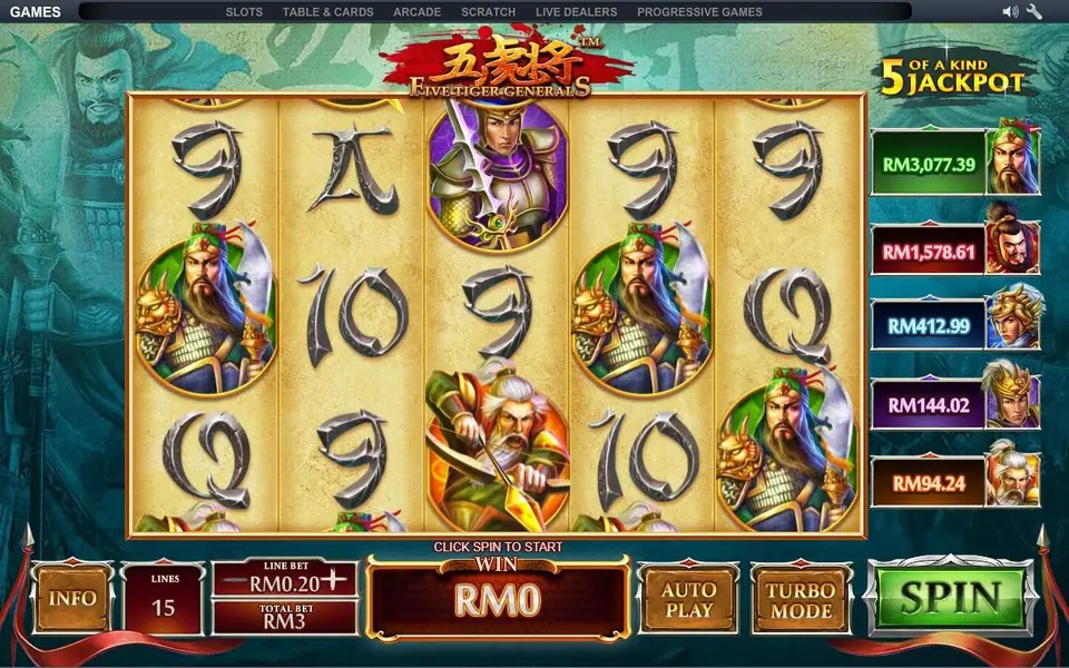 5 Tiger General free game with wilds on all five reels