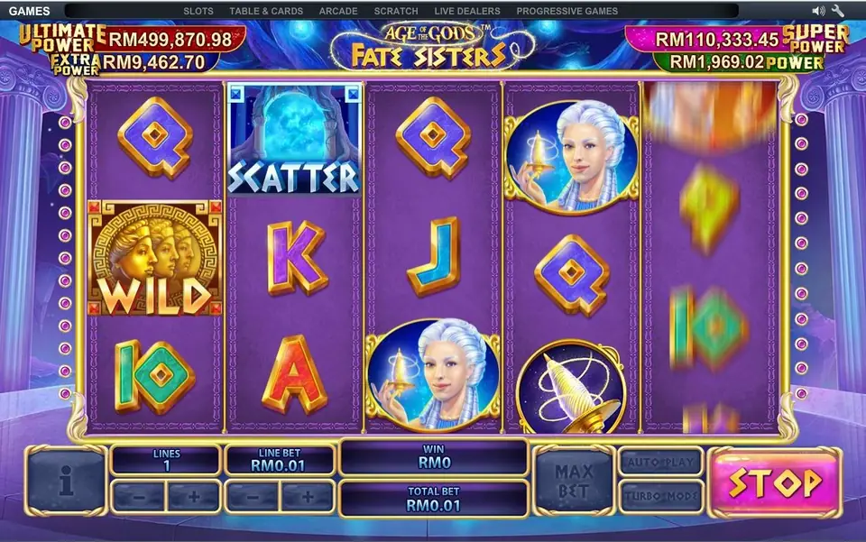 Three Fate sisters landing on reels 1, 3 and 5