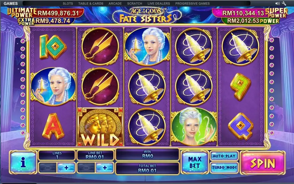 Age of the Gods jackpot display above the Fate Sisters reels