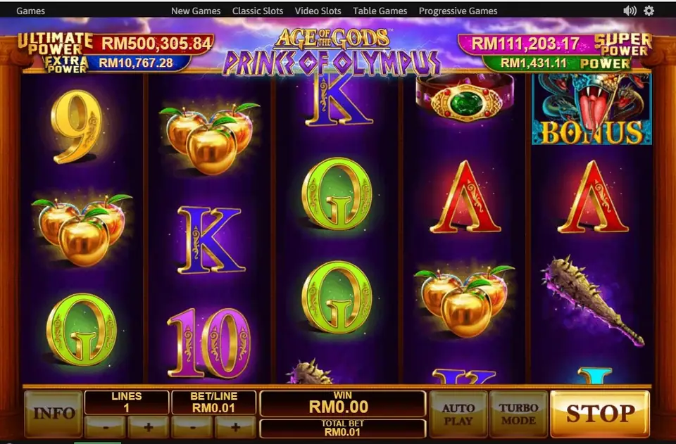 Prince of Olympus paytable topped by Cerberus
