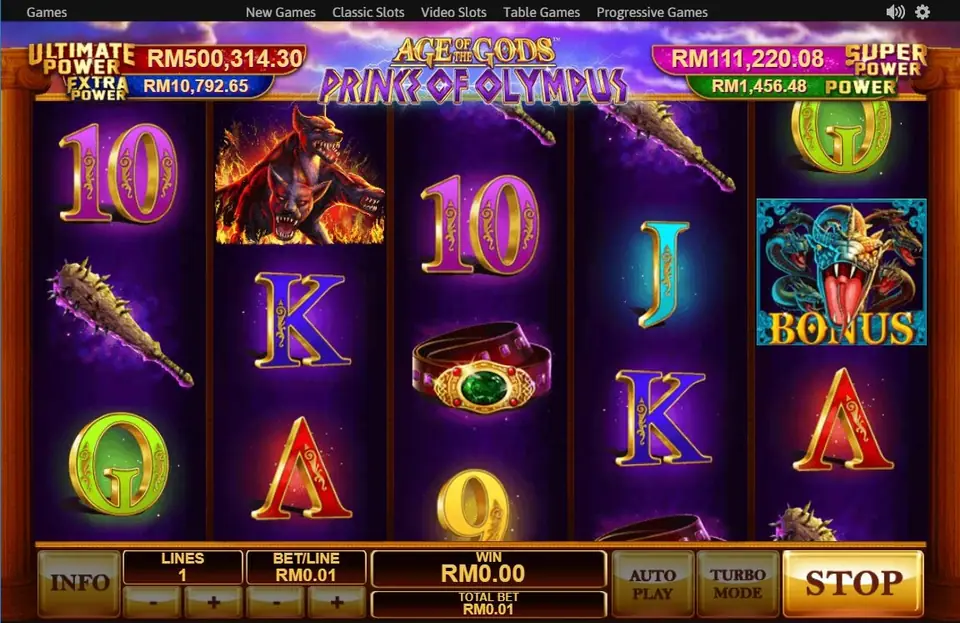 Power jackpot tiers displayed above the Prince of Olympus reels
