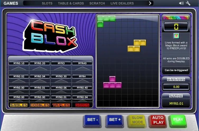Cash Blox game board with coloured blocks falling into a grid