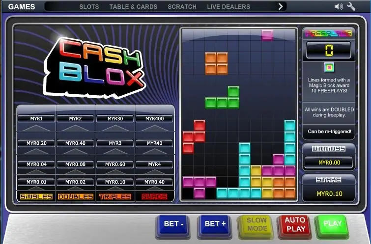 Cash Blox control panel with Play, Auto Play and slow mode buttons