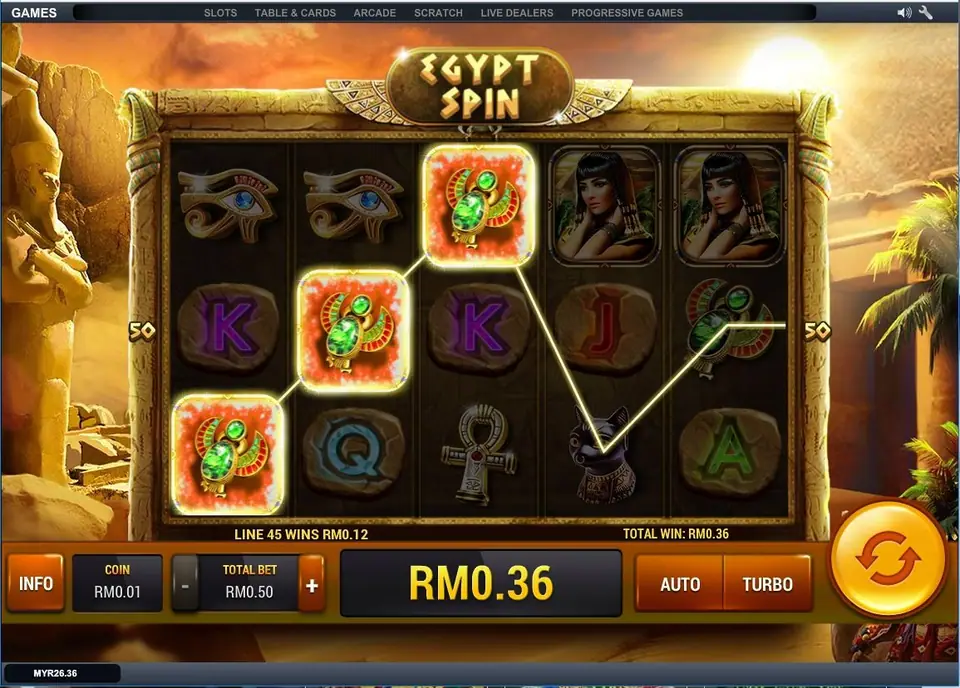 Egypt Spin slot reels with a golden pharaoh mask and hieroglyphs