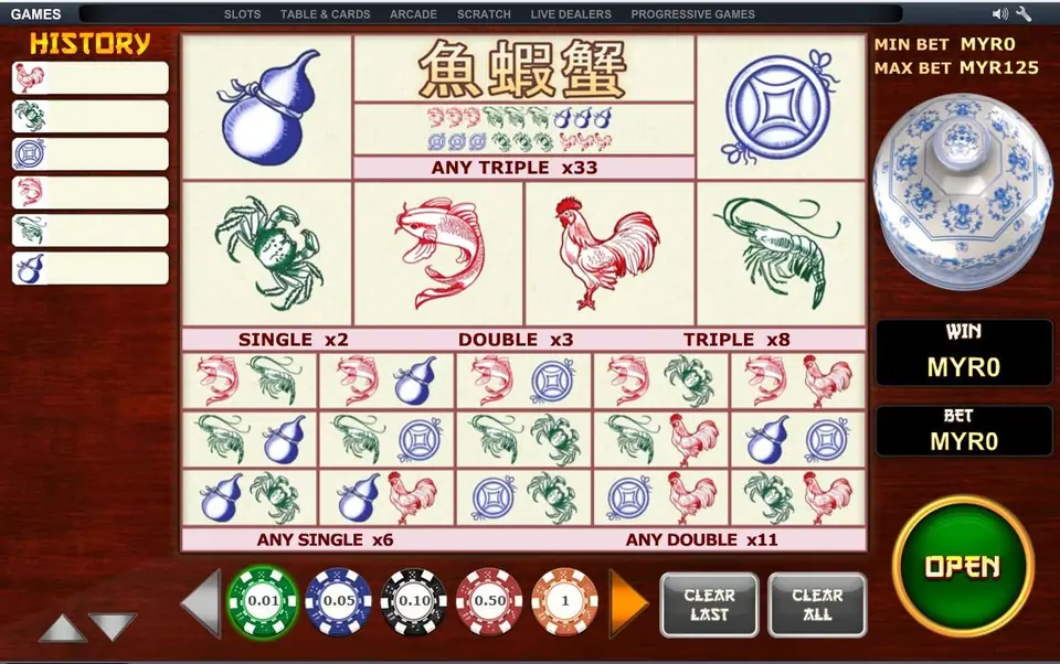 Fish Prawn Crab betting table with the picture dice and bowl