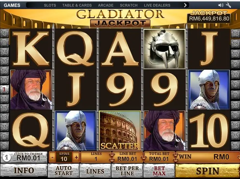 Gladiator Jackpot paytable with the film character symbols
