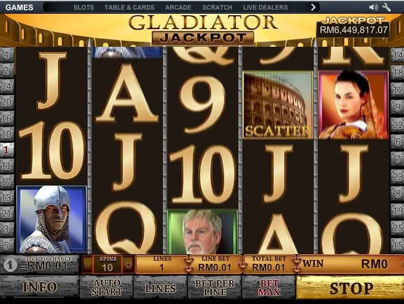 Five character symbols in a row on a Gladiator Jackpot payline