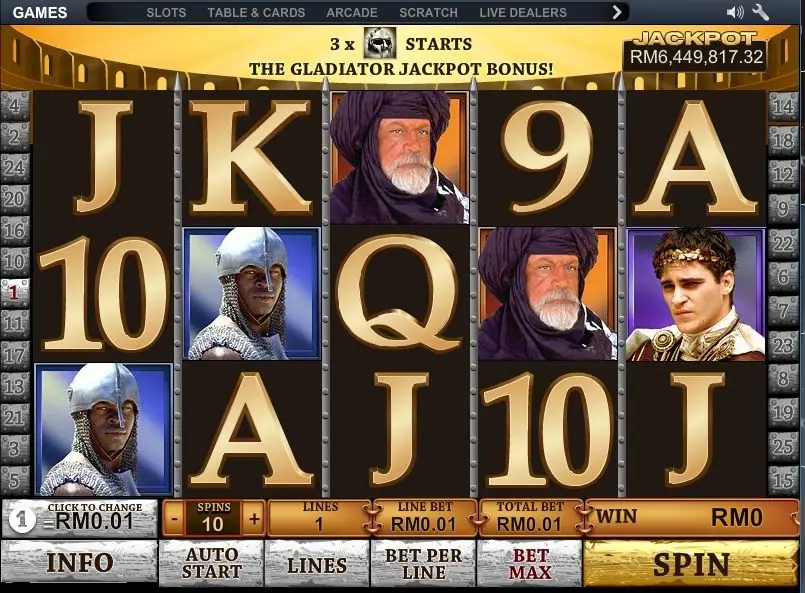 Gladiator Jackpot line selection and bet controls