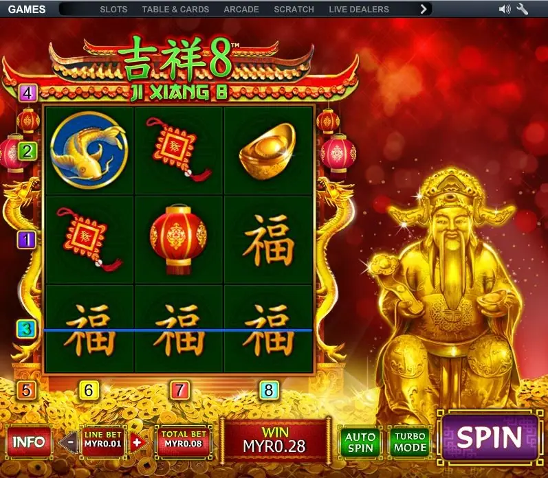 Ji Xiang 8 reels showing the lion's head and fish symbols