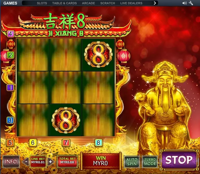 Paytable screen for Ji Xiang 8 listing the lucky symbol prizes