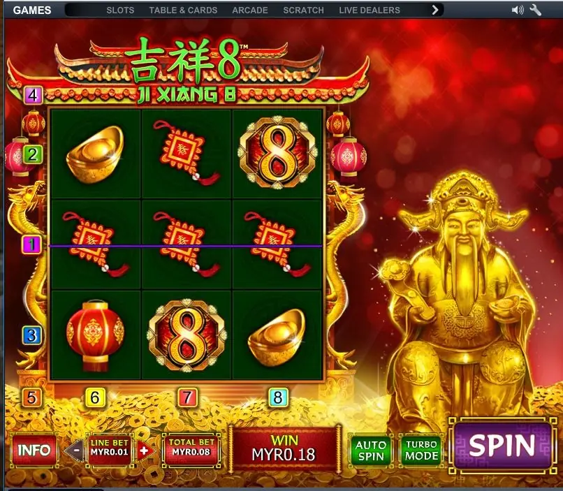 Ji Xiang 8 bet controls and spin button on the NTC33 app